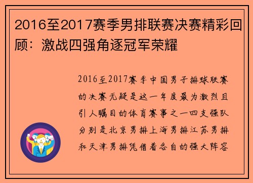 2016至2017赛季男排联赛决赛精彩回顾：激战四强角逐冠军荣耀